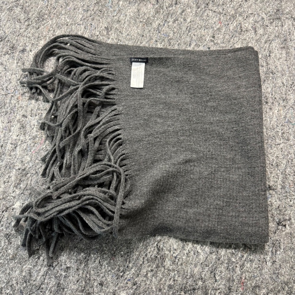 Lucky Brand Charcoal Gray Knit Fringe Scarf Soft Ribbed Winter Wrap Boho